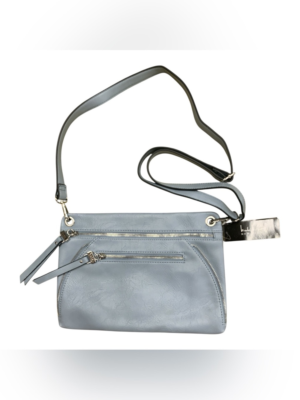 Nicole Miller New York NWT Sky Blue Leather Crossbody Bag with Dual Zip Pockets